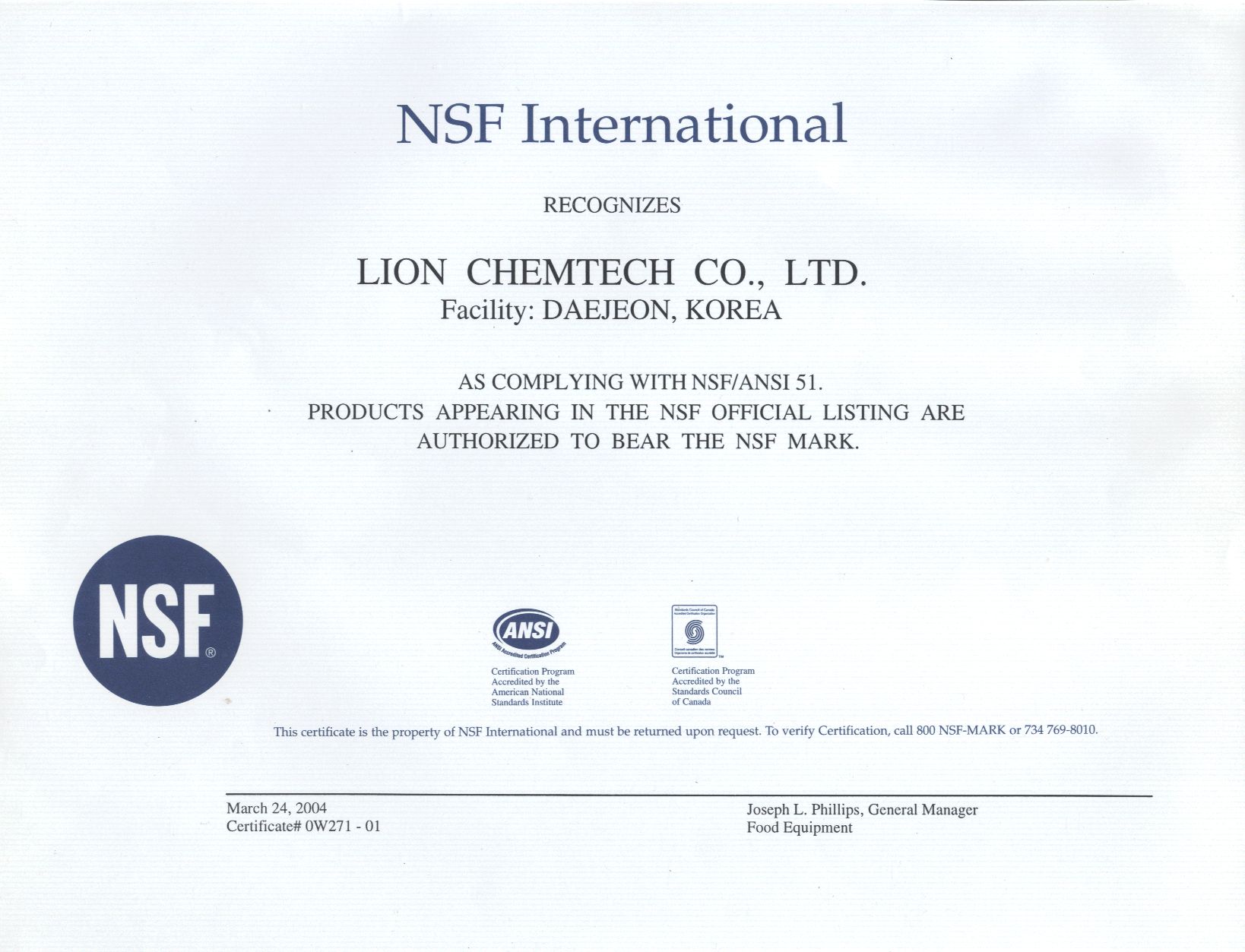 Lion Chemtech Co. Ltd. NSF ANSI51 standartu atbilstība